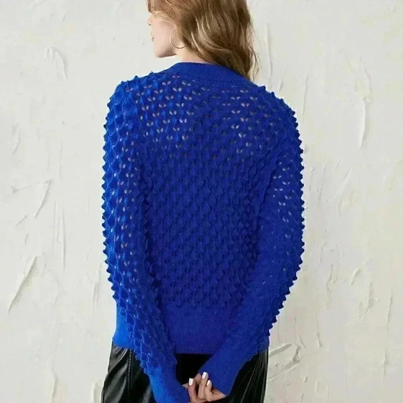 Blue Preppy Womens Solid Pointelle Knit Sweater - Picture 7 of 7